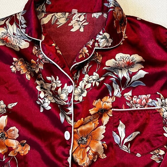 Women's‎ Satin Pajamas Set Maroon Romantic Floral Long Sleeve Size Medium (READ) - Picture 10 of 14